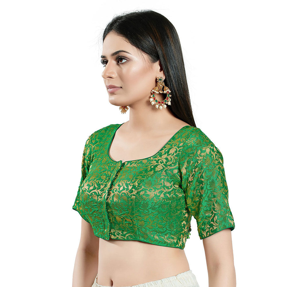 SALWAR STUDIO Womens Green Brocade Stitched Blouse