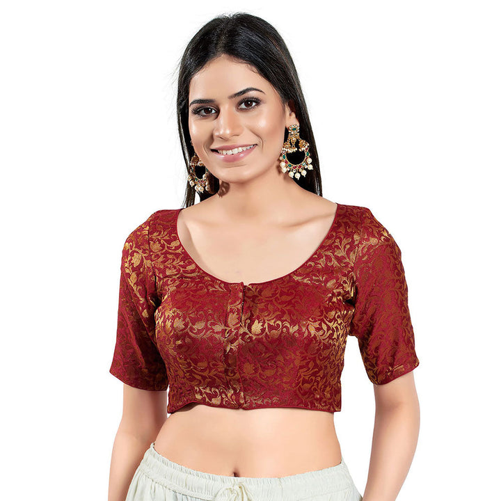 SALWAR STUDIO Womens Maroon Brocade Stitched Blouse