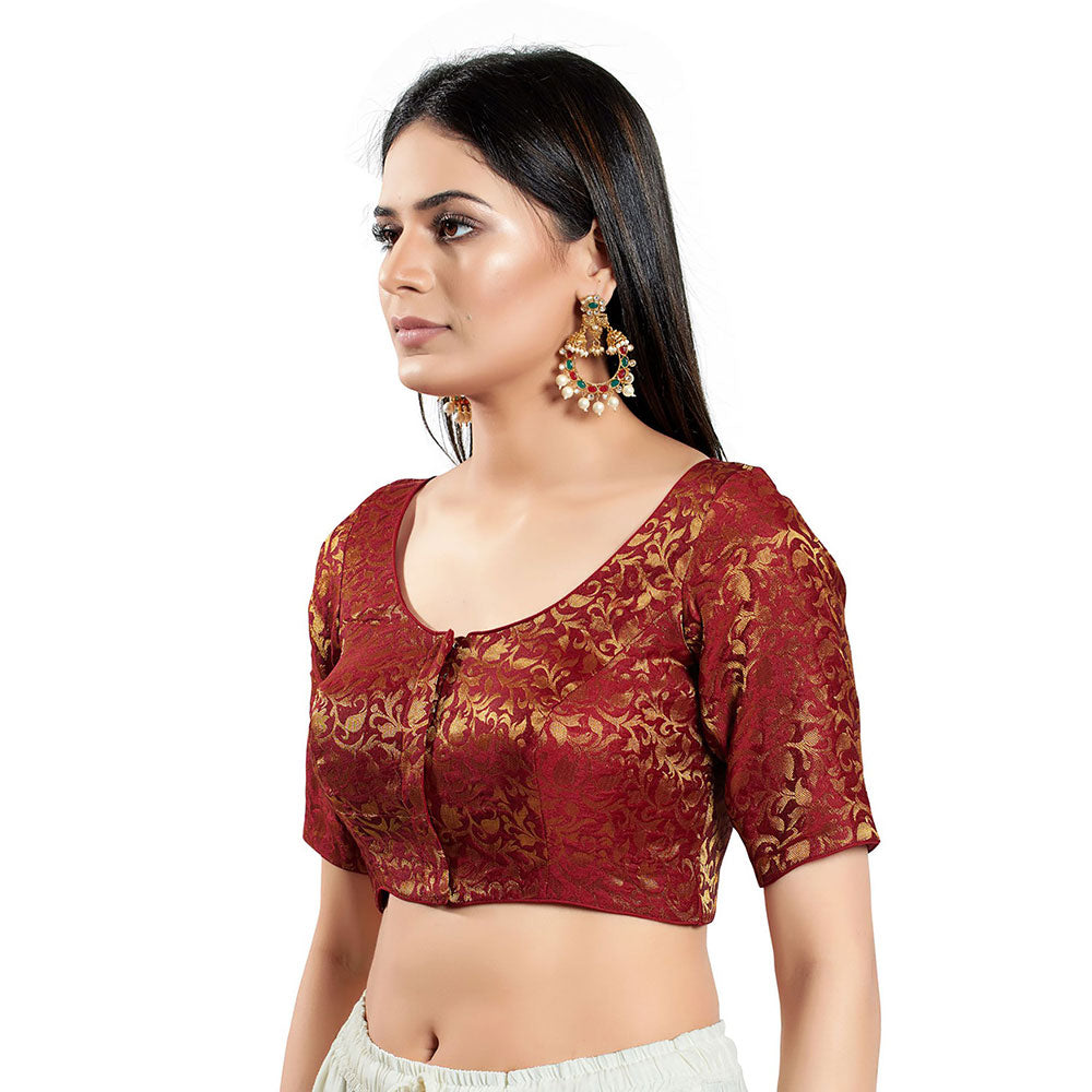 SALWAR STUDIO Womens Maroon Brocade Stitched Blouse