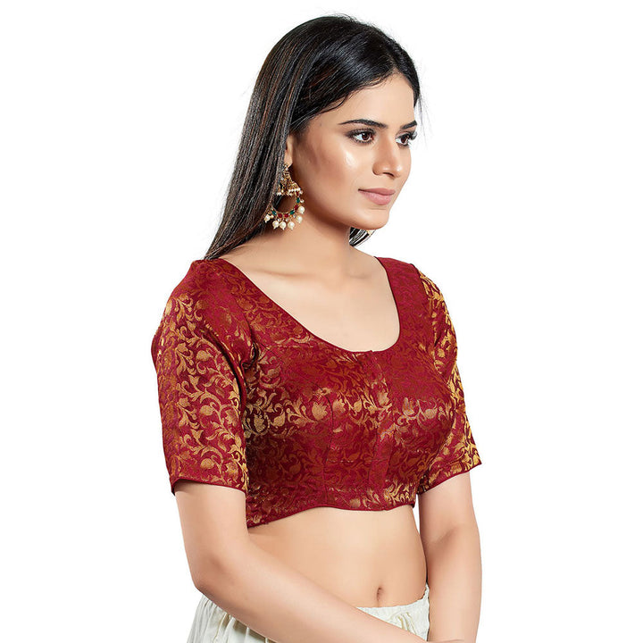 SALWAR STUDIO Womens Maroon Brocade Stitched Blouse