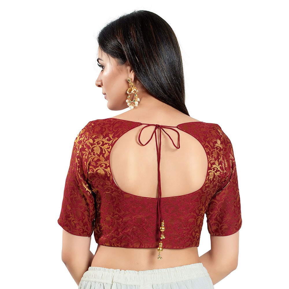 SALWAR STUDIO Womens Maroon Brocade Stitched Blouse