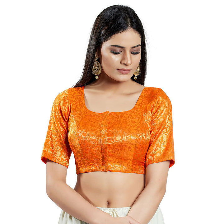 SALWAR STUDIO Womens Orange Brocade Stitched Blouse