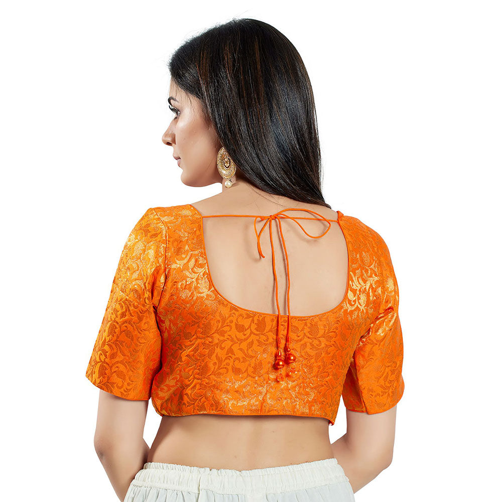 SALWAR STUDIO Womens Orange Brocade Stitched Blouse