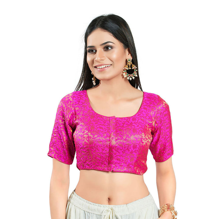 SALWAR STUDIO Womens Pink Brocade Stitched Blouse