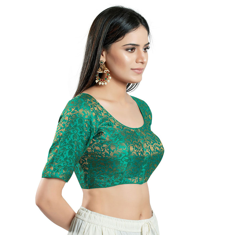 SALWAR STUDIO Womens Green Brocade Stitched Blouse