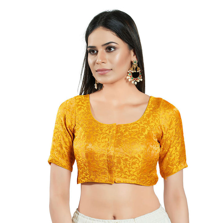 SALWAR STUDIO Womens Yellow Brocade Stitched Blouse