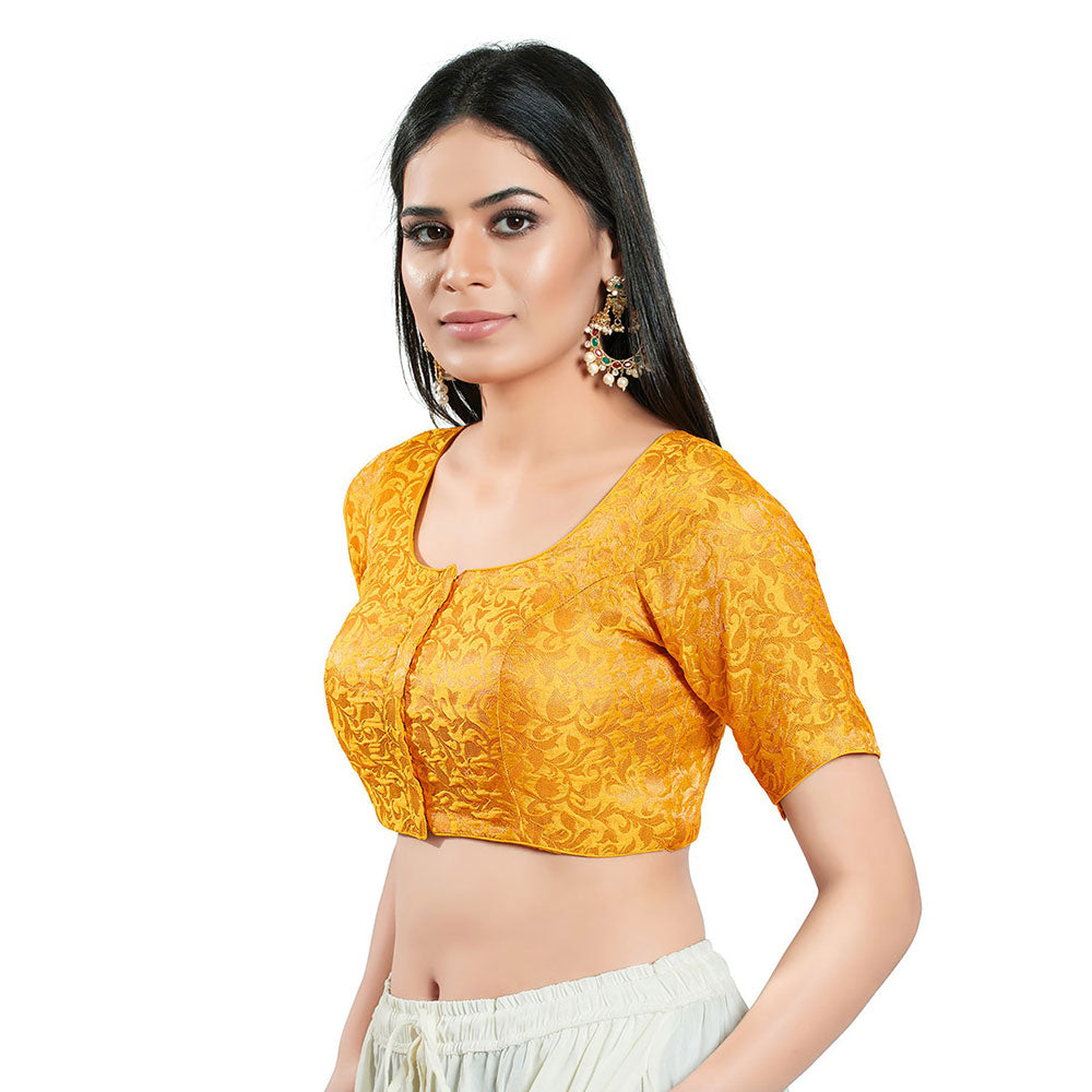 SALWAR STUDIO Womens Yellow Brocade Stitched Blouse