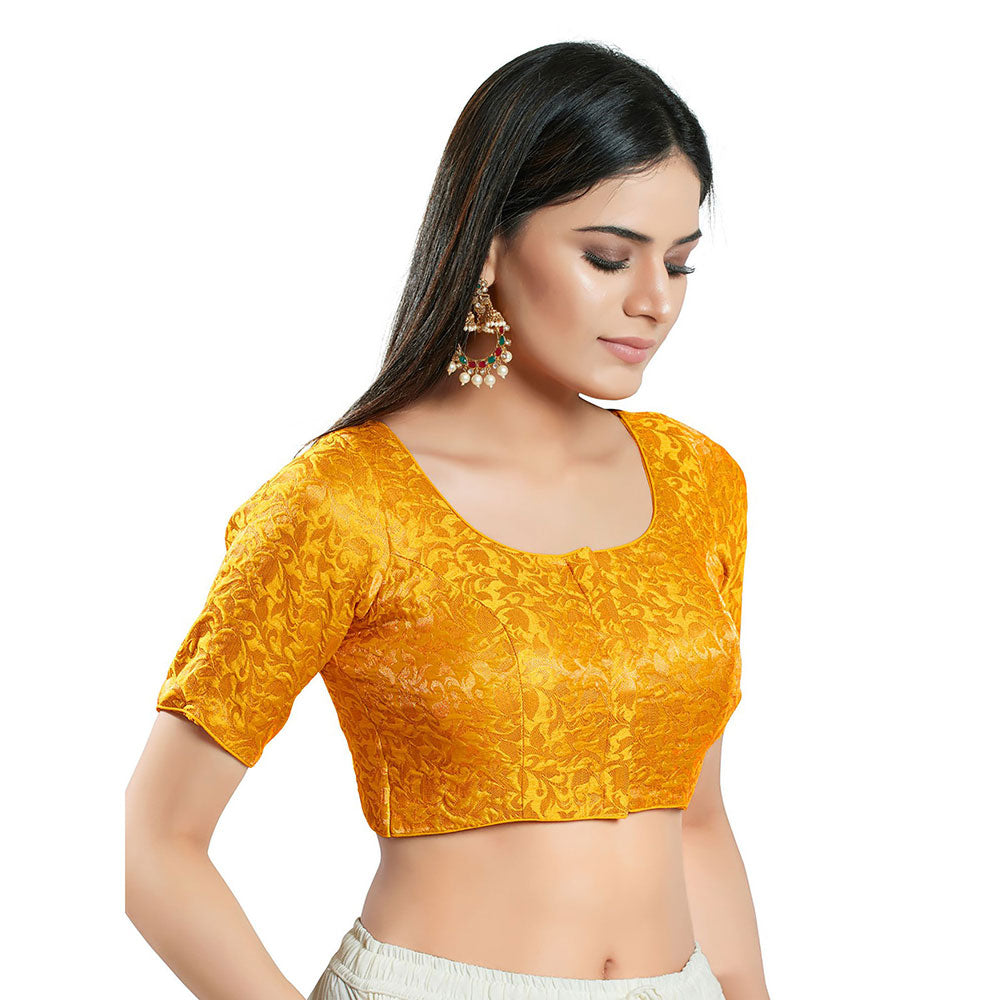 SALWAR STUDIO Womens Yellow Brocade Stitched Blouse