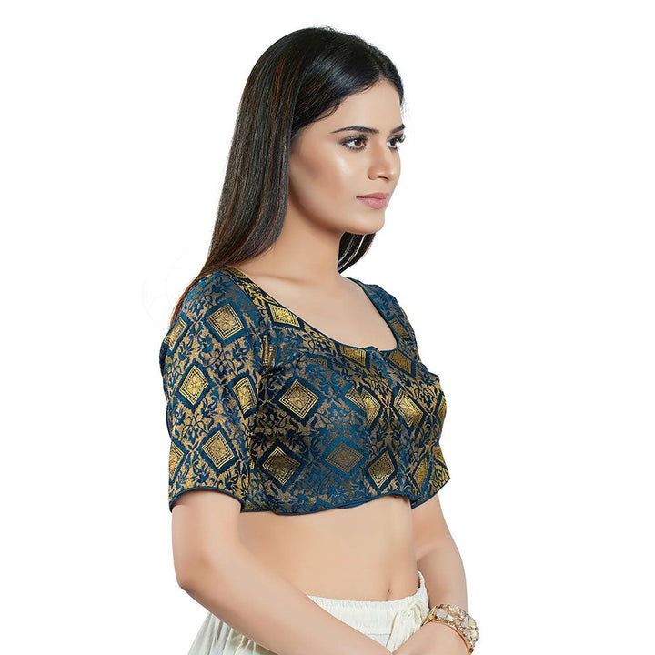 SALWAR STUDIO Womens Navy Blue Brocade Stitched Blouse