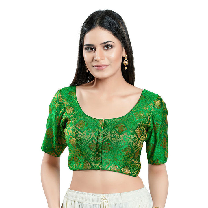 SALWAR STUDIO Womens Green Brocade Stitched Blouse