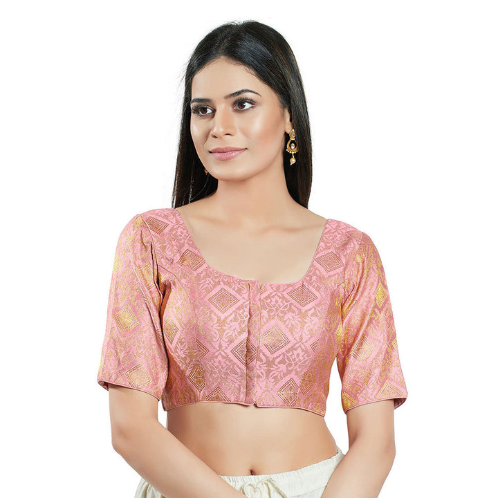 SALWAR STUDIO Womens Pink Brocade Stitched Blouse