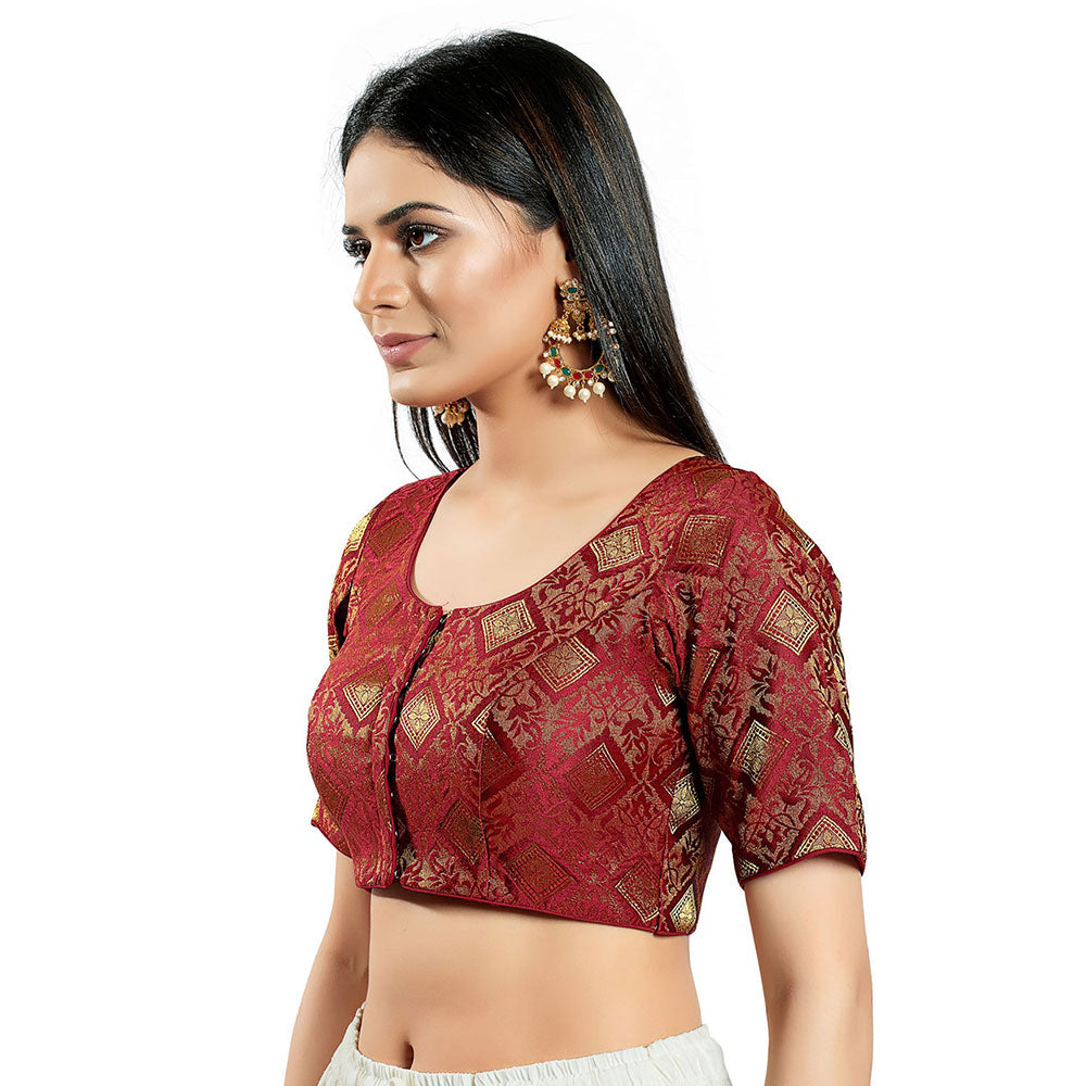 SALWAR STUDIO Womens Maroon Brocade Stitched Blouse