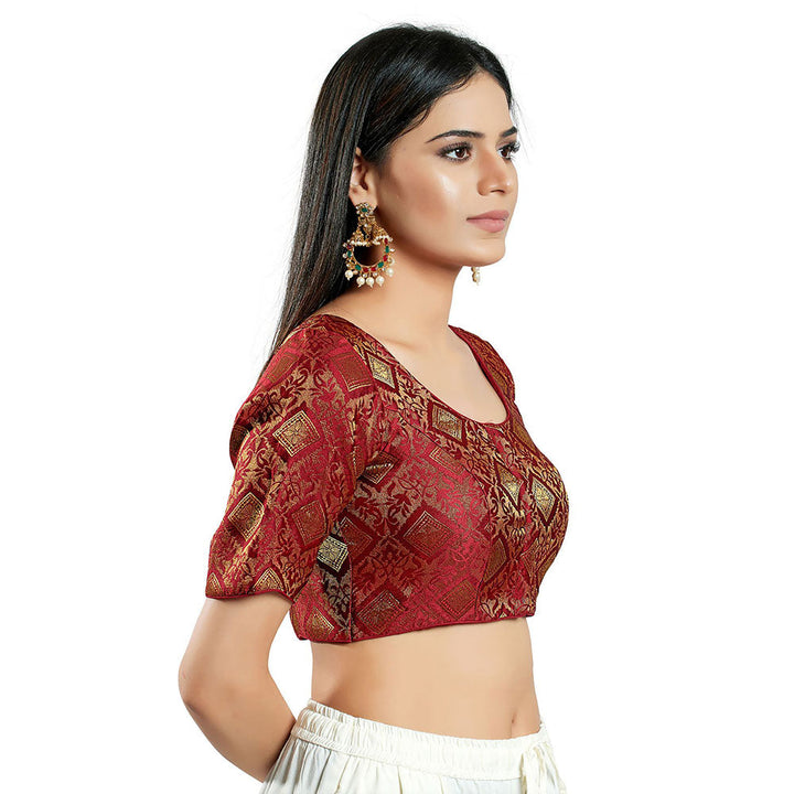 SALWAR STUDIO Womens Maroon Brocade Stitched Blouse