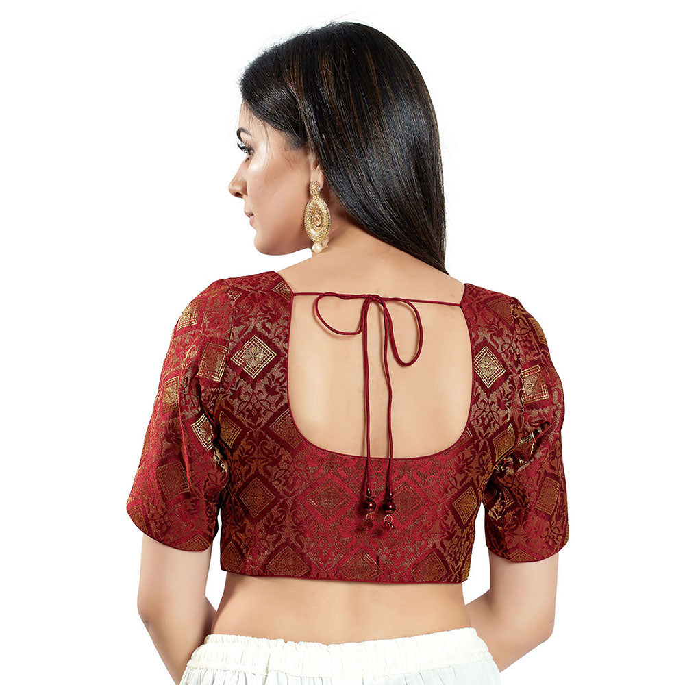 SALWAR STUDIO Womens Maroon Brocade Stitched Blouse