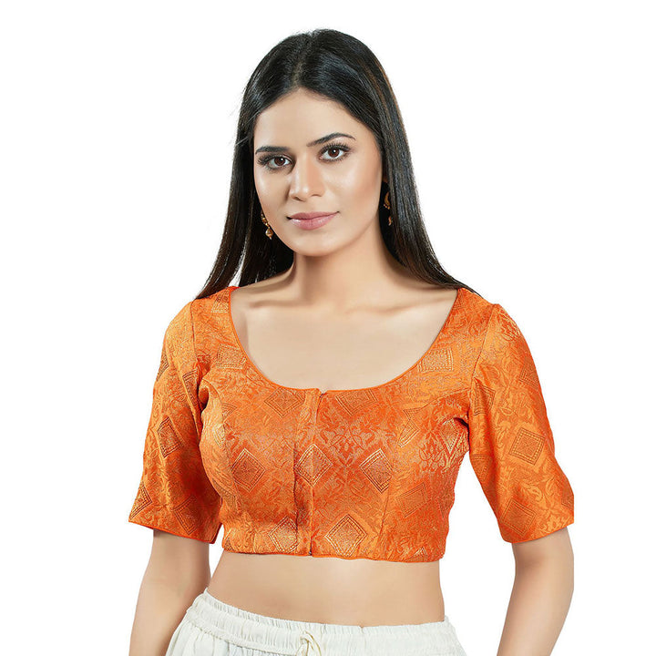 SALWAR STUDIO Womens Orange Brocade Stitched Blouse