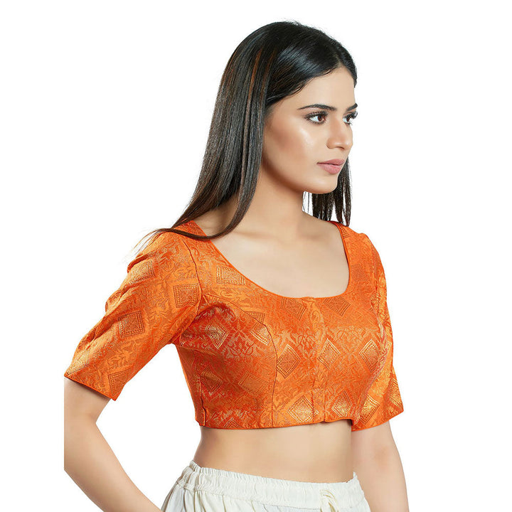 SALWAR STUDIO Womens Orange Brocade Stitched Blouse