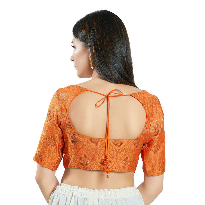 SALWAR STUDIO Womens Orange Brocade Stitched Blouse