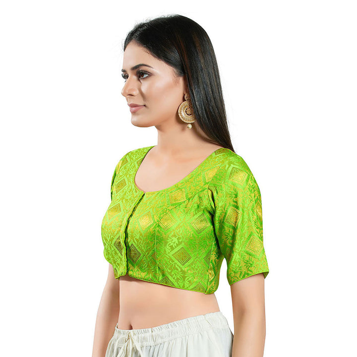 SALWAR STUDIO Womens Bright Green Brocade Stitched Blouse