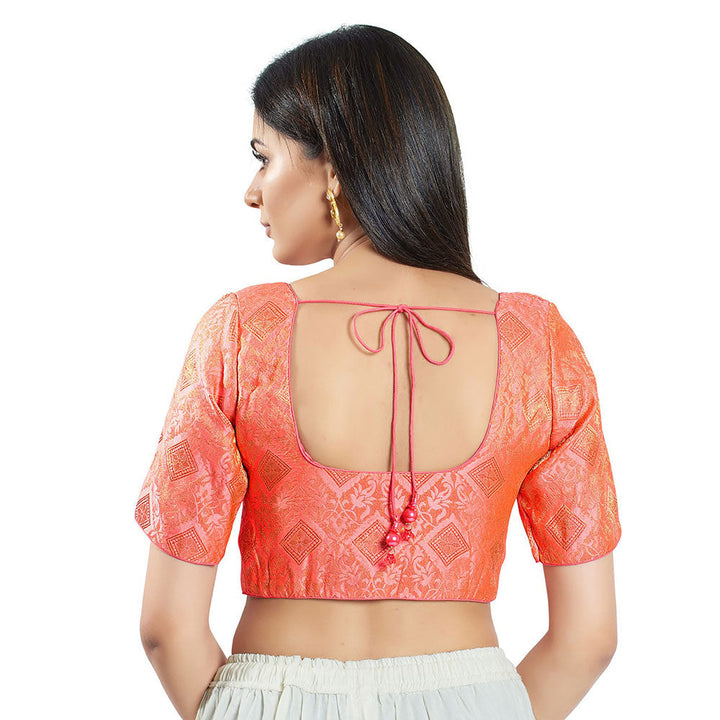 SALWAR STUDIO Womens Peach Brocade Stitched Blouse