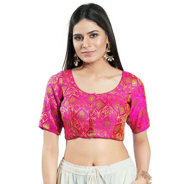 SALWAR STUDIO Womens Pink Brocade Stitched Blouse