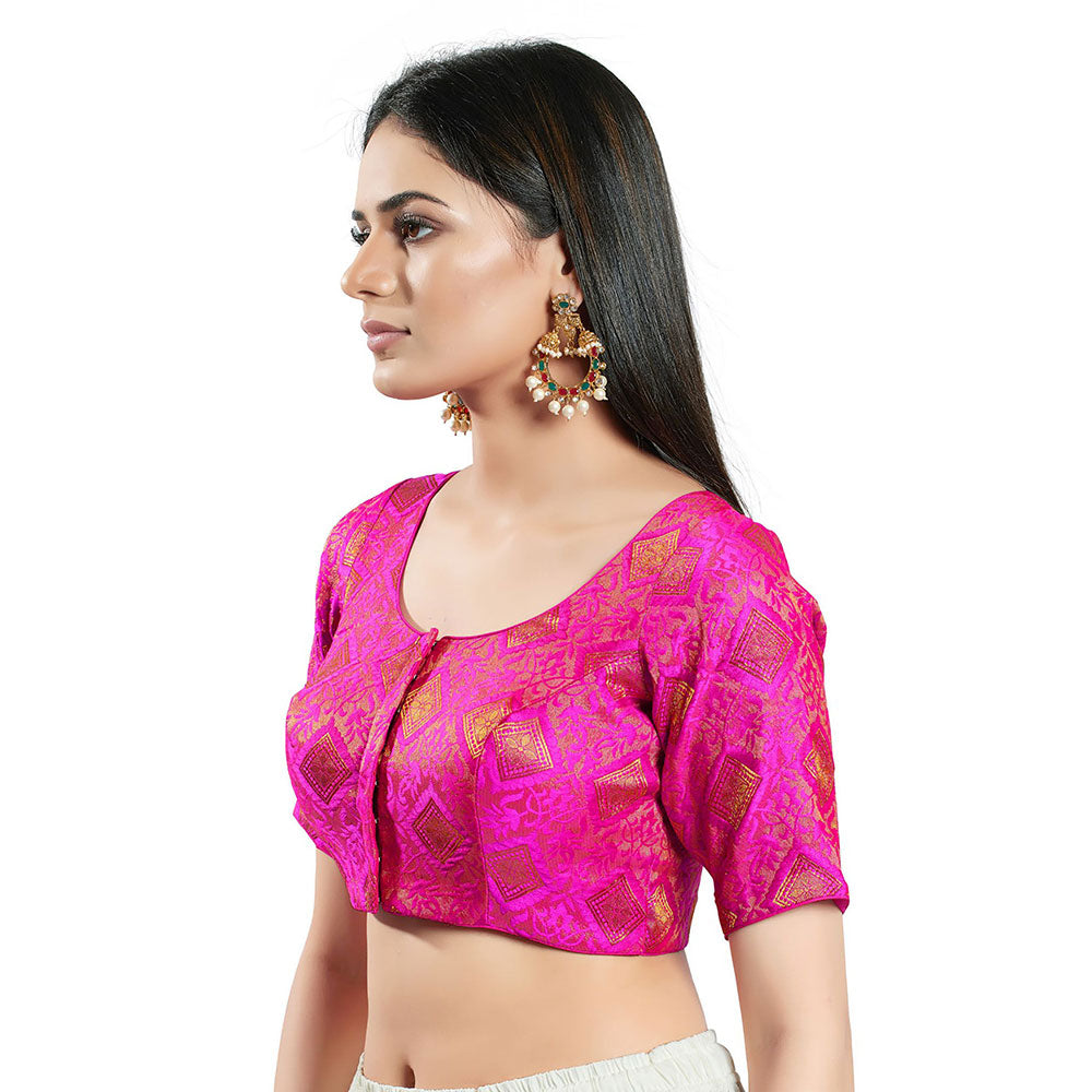 SALWAR STUDIO Womens Pink Brocade Stitched Blouse