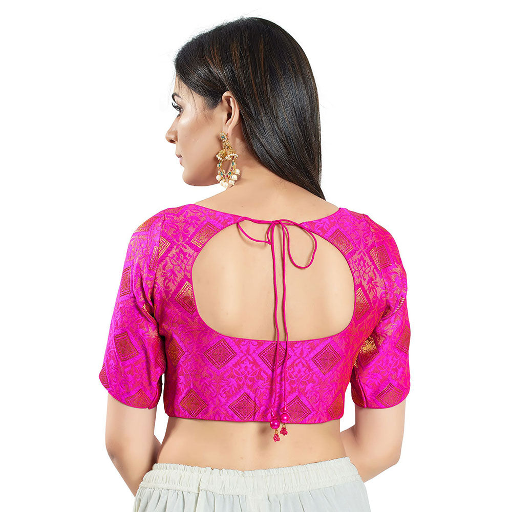 SALWAR STUDIO Womens Pink Brocade Stitched Blouse