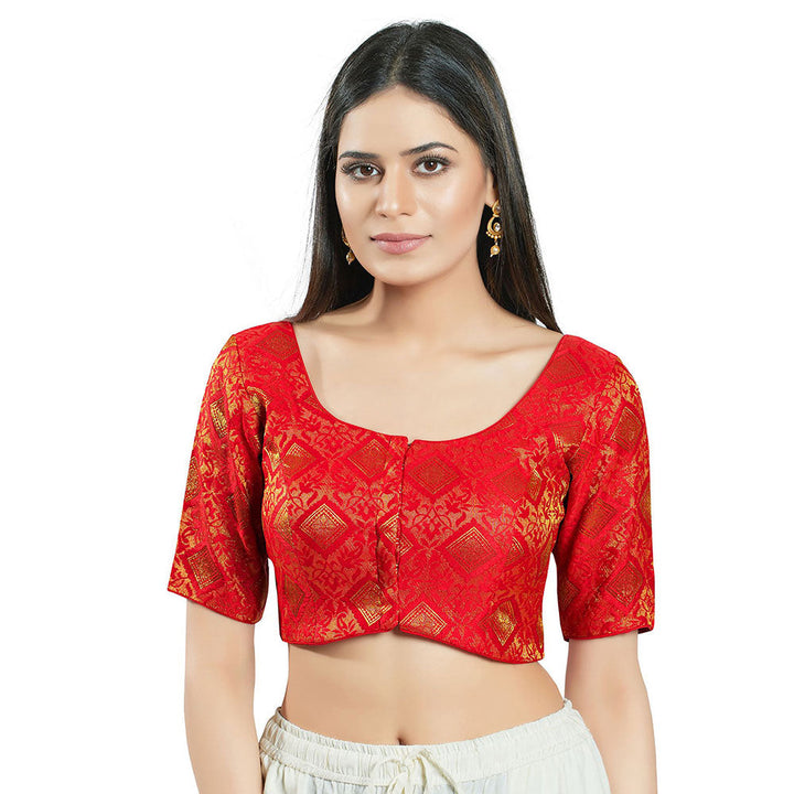 SALWAR STUDIO Womens Red Brocade Stitched Blouse