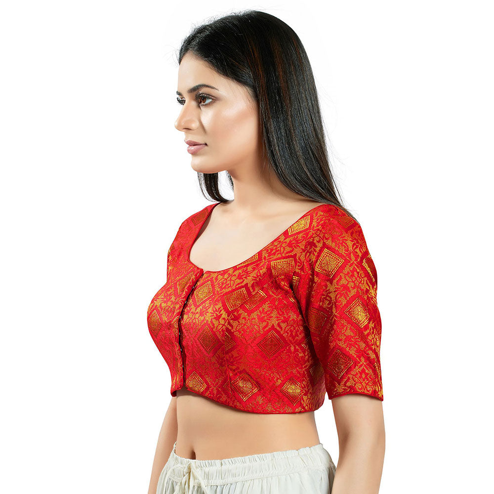 SALWAR STUDIO Womens Red Brocade Stitched Blouse