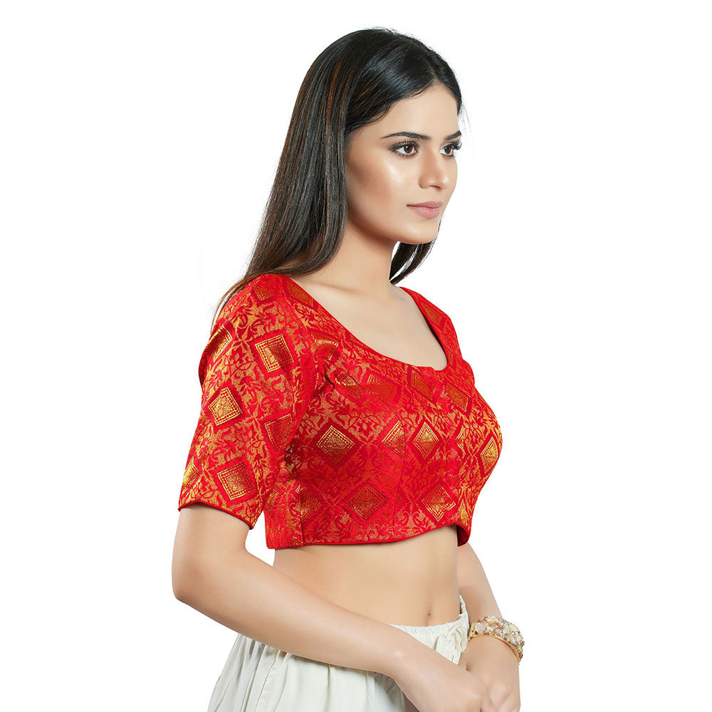 SALWAR STUDIO Womens Red Brocade Stitched Blouse