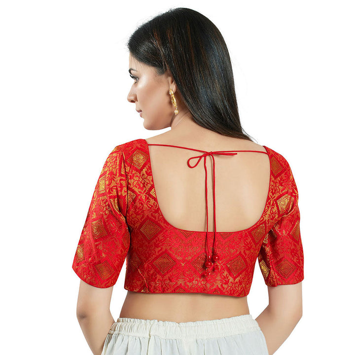 SALWAR STUDIO Womens Red Brocade Stitched Blouse