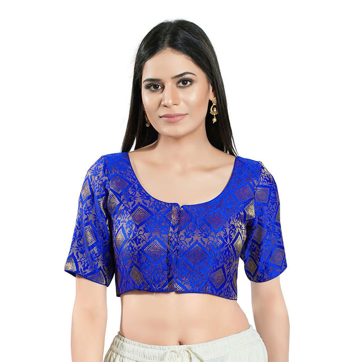 SALWAR STUDIO Womens Royal Blue Brocade Stitched Blouse