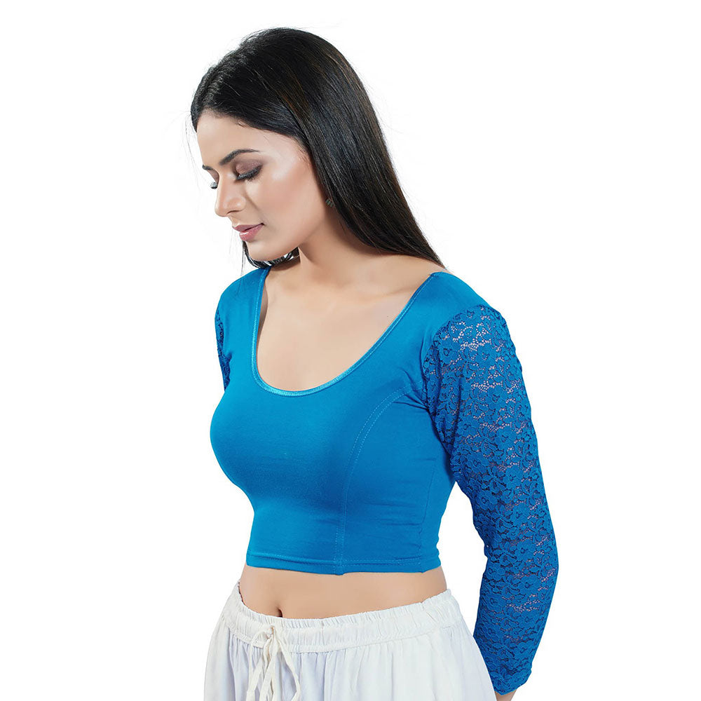 SALWAR STUDIO Blue Three Fourth Sleeves Solid Stretchable Blouse