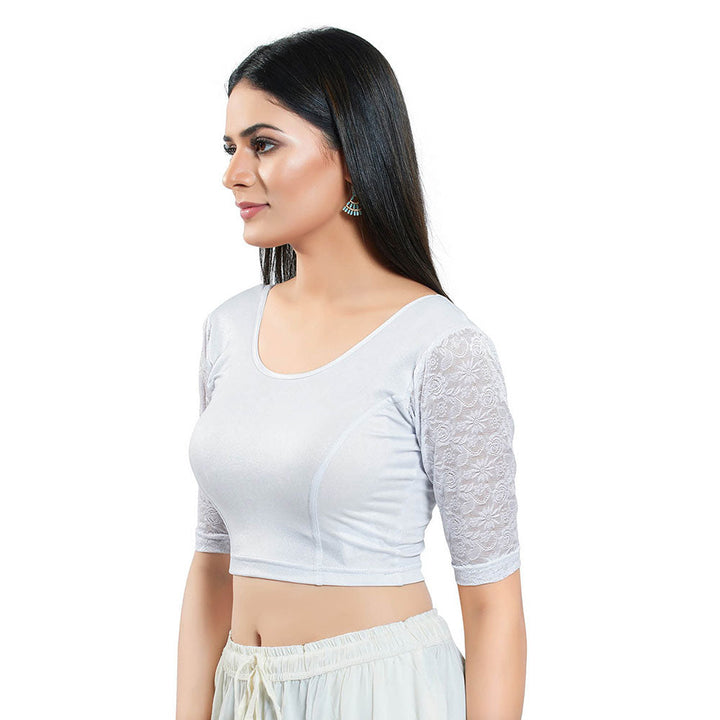 SALWAR STUDIO White Short Sleeves Solid Stretchable Blouse