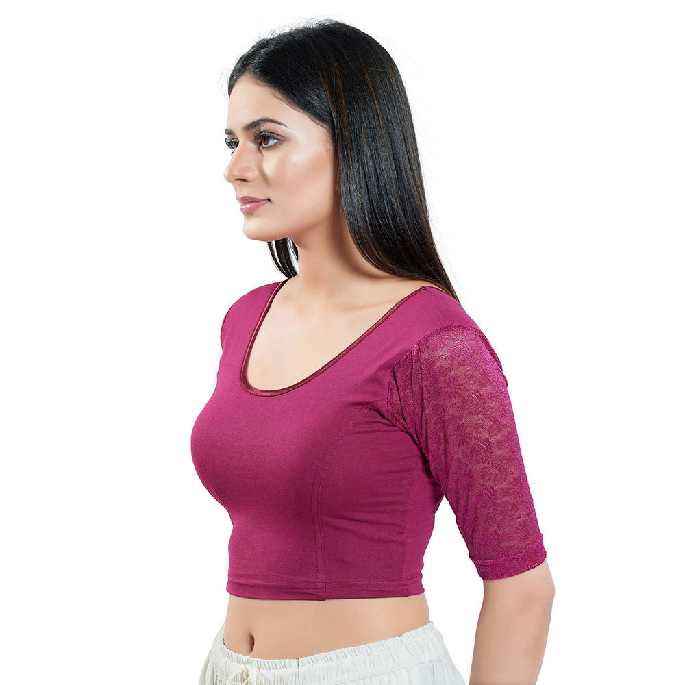 SALWAR STUDIO Magenta Short Sleeves Solid Stretchable Blouse