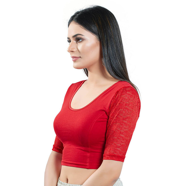 SALWAR STUDIO Red Short Sleeves Solid Stretchable Blouse