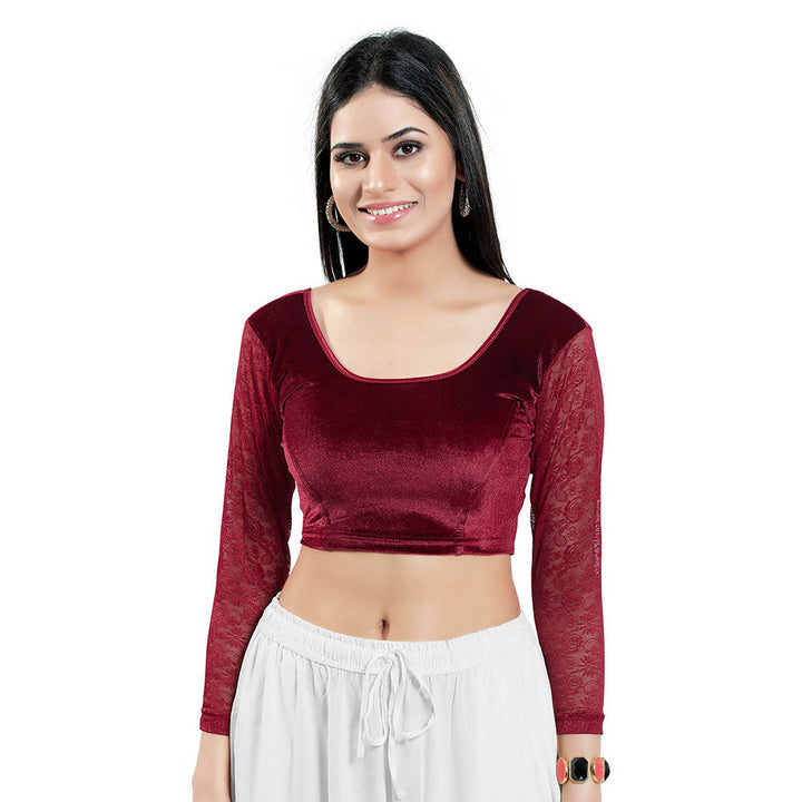 SALWAR STUDIO Maroon Three Fourth Sleeves Solid Stretchable Blouse