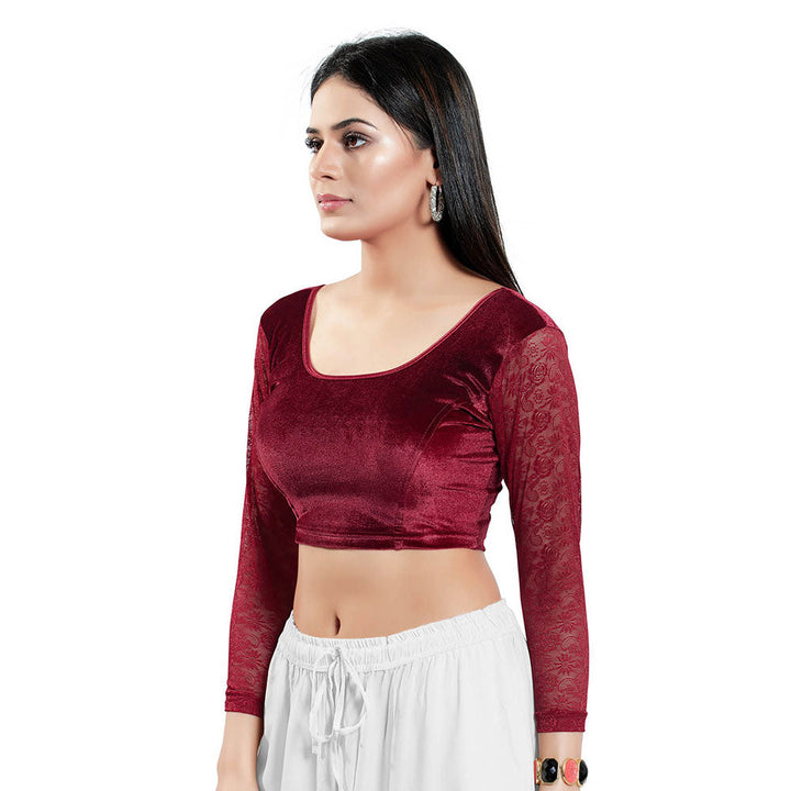 SALWAR STUDIO Maroon Three Fourth Sleeves Solid Stretchable Blouse