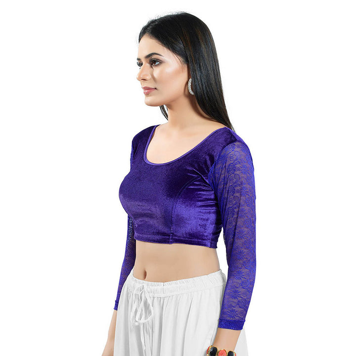 SALWAR STUDIO Purple Three Fourth Sleeves Solid Stretchable Blouse