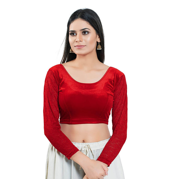 SALWAR STUDIO Red Three Fourth Sleeves Solid Stretchable Blouse