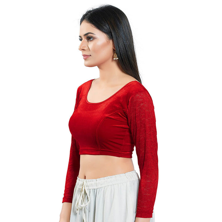 SALWAR STUDIO Red Three Fourth Sleeves Solid Stretchable Blouse