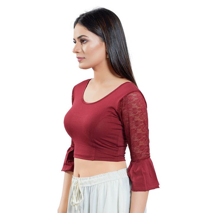 SALWAR STUDIO Maroon Bell Sleeves Solid Stretchable Blouse