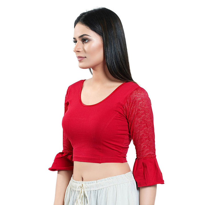 SALWAR STUDIO Red Three Fourth Sleeves Solid Stretchable Blouse