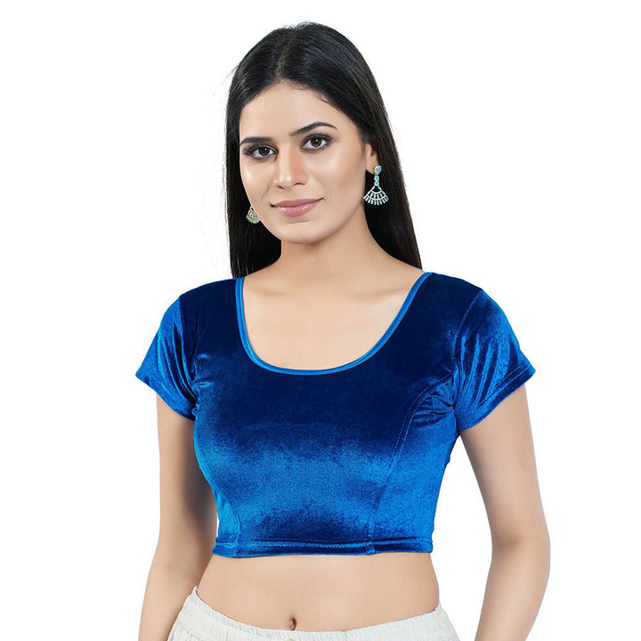 SALWAR STUDIO Royal Blue Short Sleeves Solid Stretchable Blouse