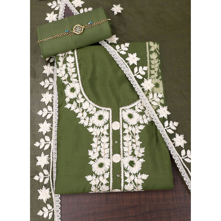 SALWAR STUDIO Green Embroidered Unstitched Dress Material (Set of 3)