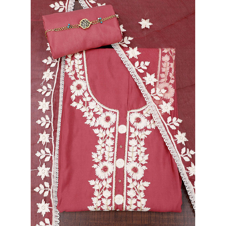 SALWAR STUDIO Maroon Embroidered Unstitched Dress Material (Set of 3)