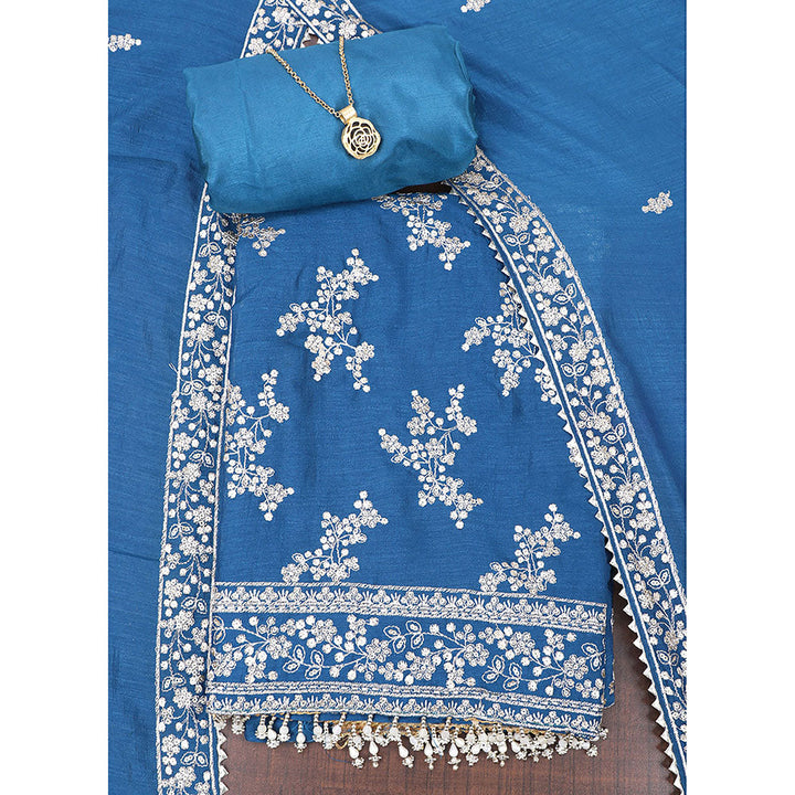 SALWAR STUDIO Blue Embroidered Unstitched Dress Material (Set of 3)