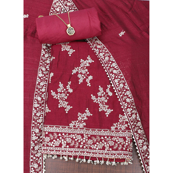 SALWAR STUDIO Maroon Embroidered Unstitched Dress Material (Set of 3)