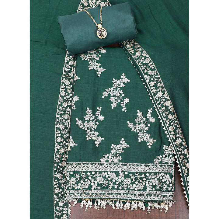 SALWAR STUDIO Dark Green Embroidered Unstitched Dress Material (Set of 3)