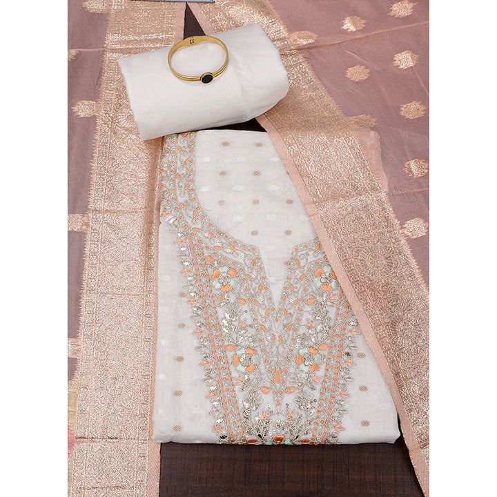 SALWAR STUDIO White & Orange Embroidered Unstitched Dress Material (Set of 3)