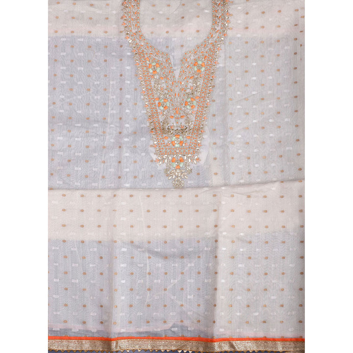 SALWAR STUDIO White & Orange Embroidered Unstitched Dress Material (Set of 3)